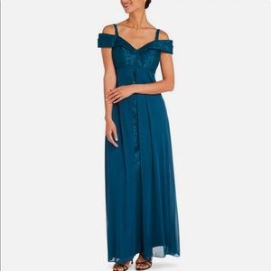 R&M Richards Petite Size 10 Off the Shoulder Shimmering Lace Gown | Dark Teal